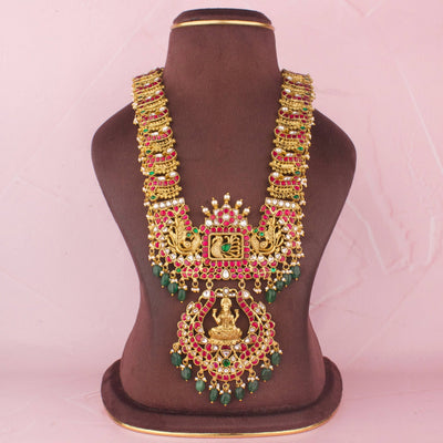 Bridal Lakshmi Haram Necklace With Peacock Design And Emerald Beads