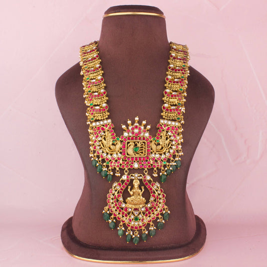 Bridal Lakshmi Haram Necklace With Peacock Design And Emerald Beads