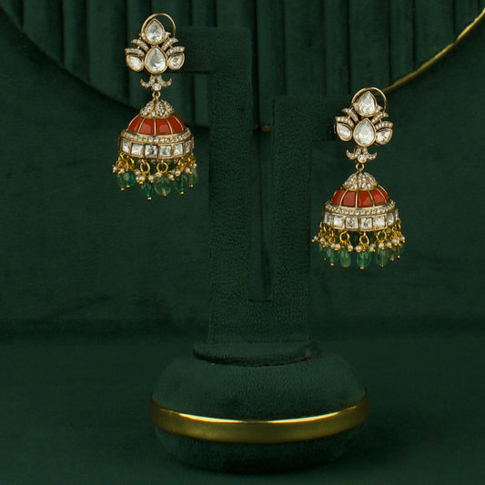 Spectacular Fusion Kundan & Polki Victorian Jhumki with Green Beads