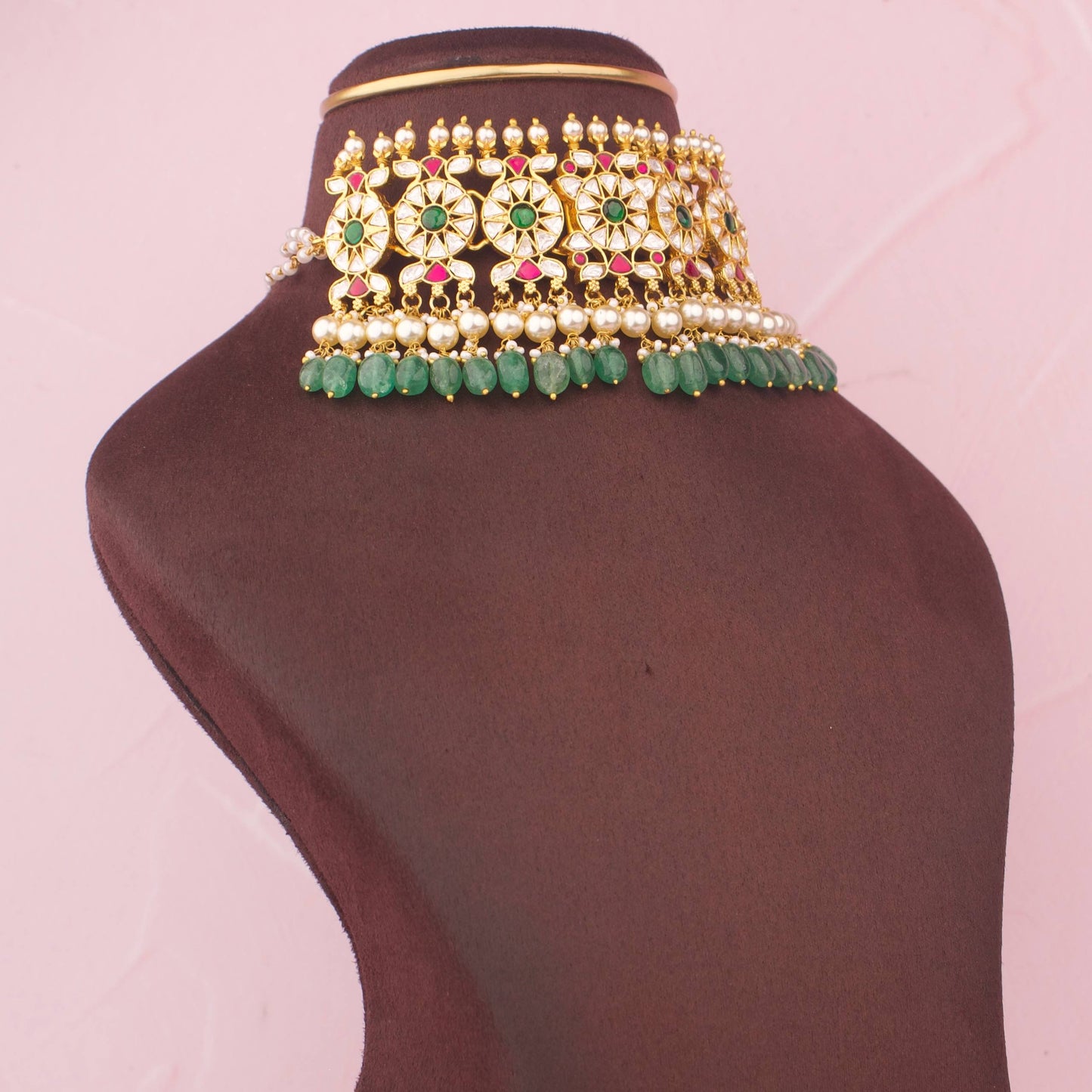 Luxury Jadau Kundan Choker With Green Beads And Pearl Hangings