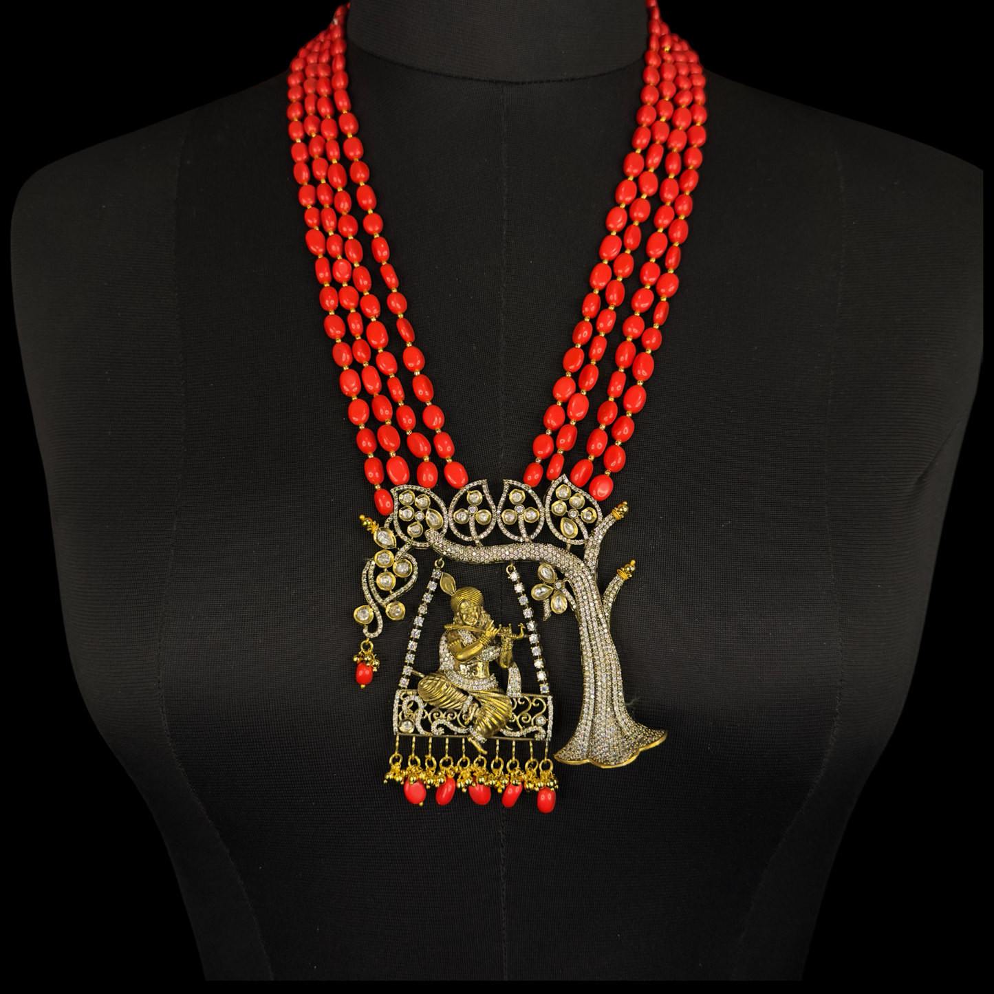 Coral Beads Mala with Victorian finish Zircon Pendant set & Temple Motif