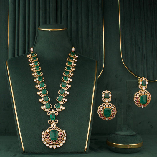 Luxury Long Victorian Necklace Set With Emerald Green Stones And Matching Earrings