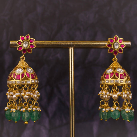 Floral Studded Jadau Kundan Guttapusalu Hanging Jhumki Earrings