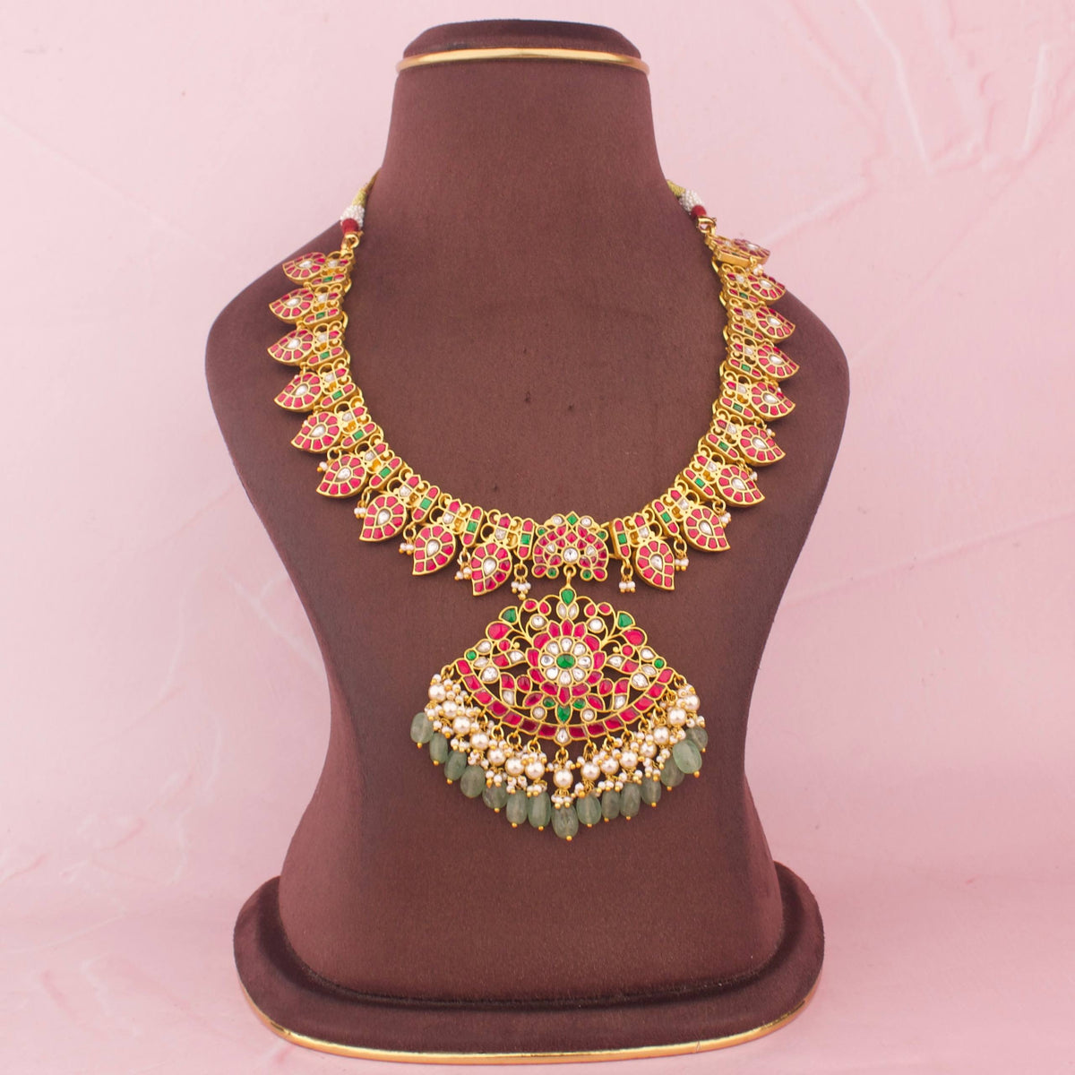Gold Design Jadau Kundan Haram With Emerald Drops - Handcrafted Indian Bridal Jewelry by Dulhan Jewels