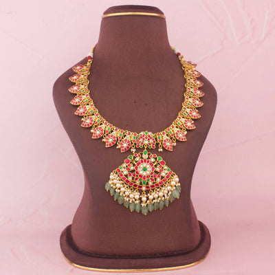 Gold Design Jadau Kundan Haram With Emerald Drops - Handcrafted Indian Bridal Jewelry by Dulhan Jewels