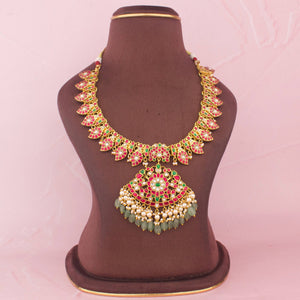 Gold Design Jadau Kundan Haram With Emerald Drops - Handcrafted Indian Bridal Jewelry by Dulhan Jewels