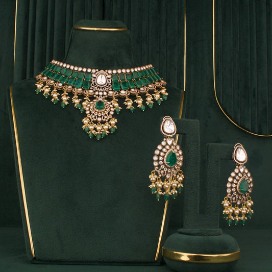 Sparkling Moissanite Polki Emerald Choker + Necklace Set