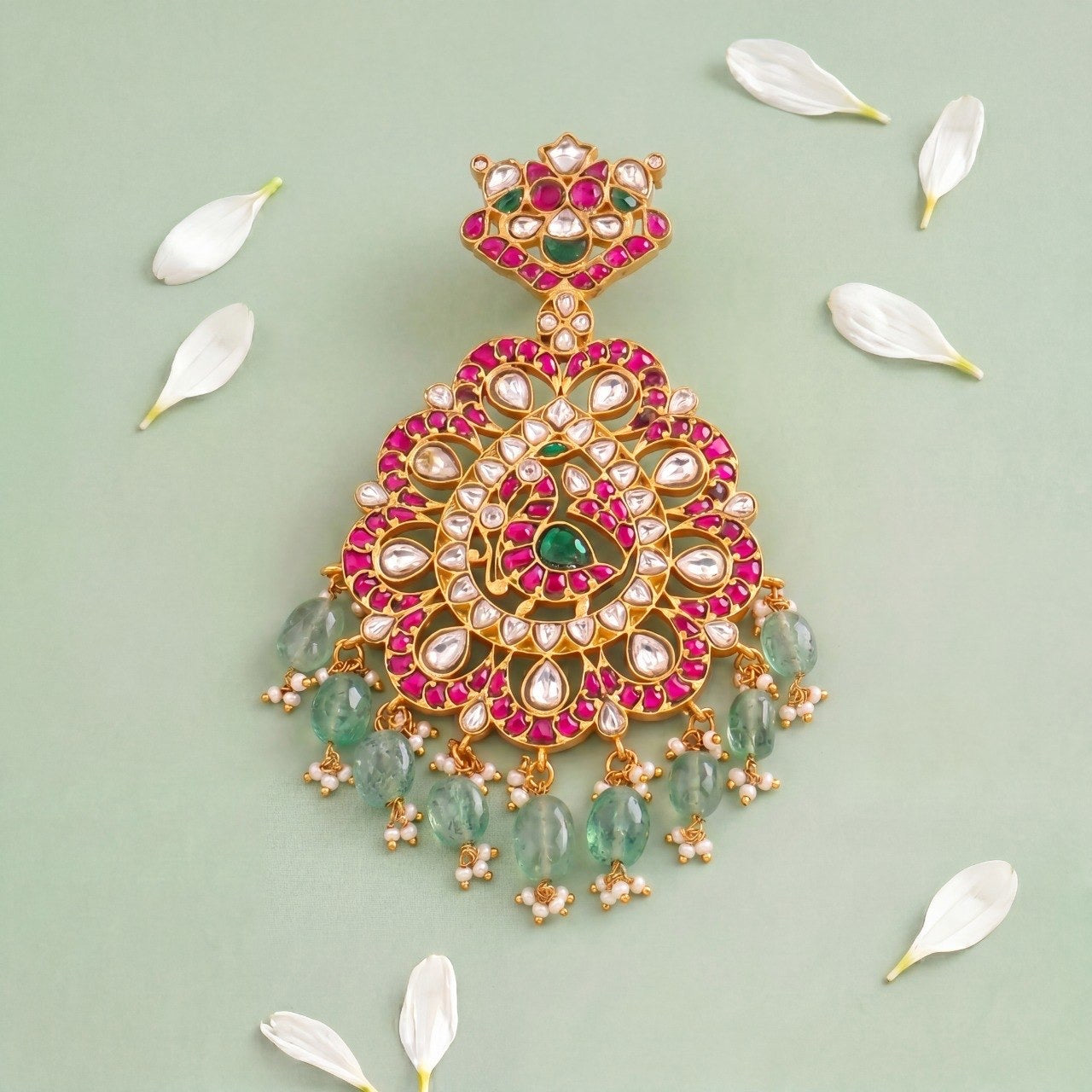 Grand floral Peacock Design Jadau Kundan Locket with Green Beads