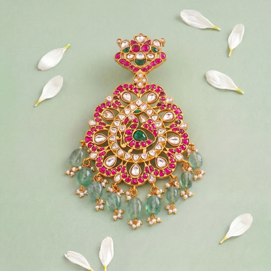 Grand floral Peacock Design Jadau Kundan Locket with Green Beads