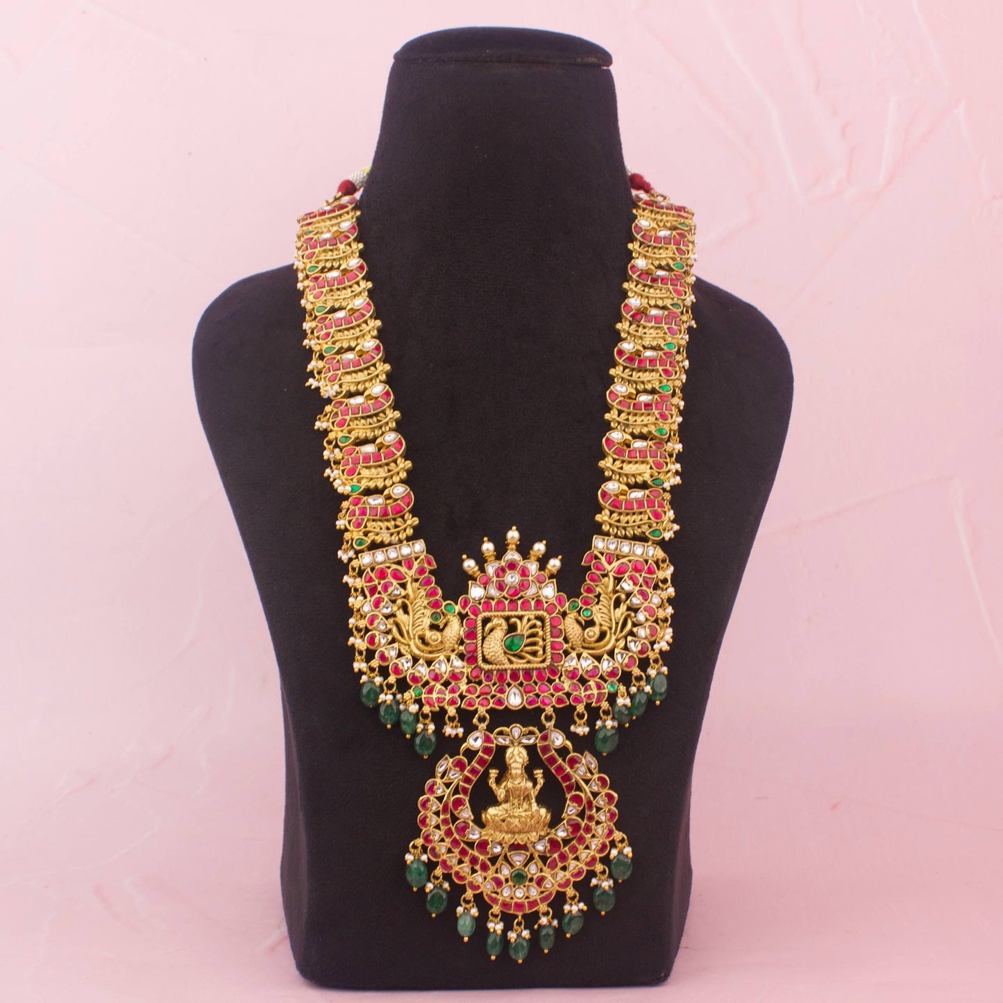 Bridal Lakshmi Haram Necklace With Peacock Design And Emerald Beads
