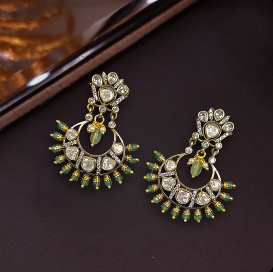 Simple Victorian Polki Chandbali Earrings. This Victorian Jewellery is available in a Green colour variant. 