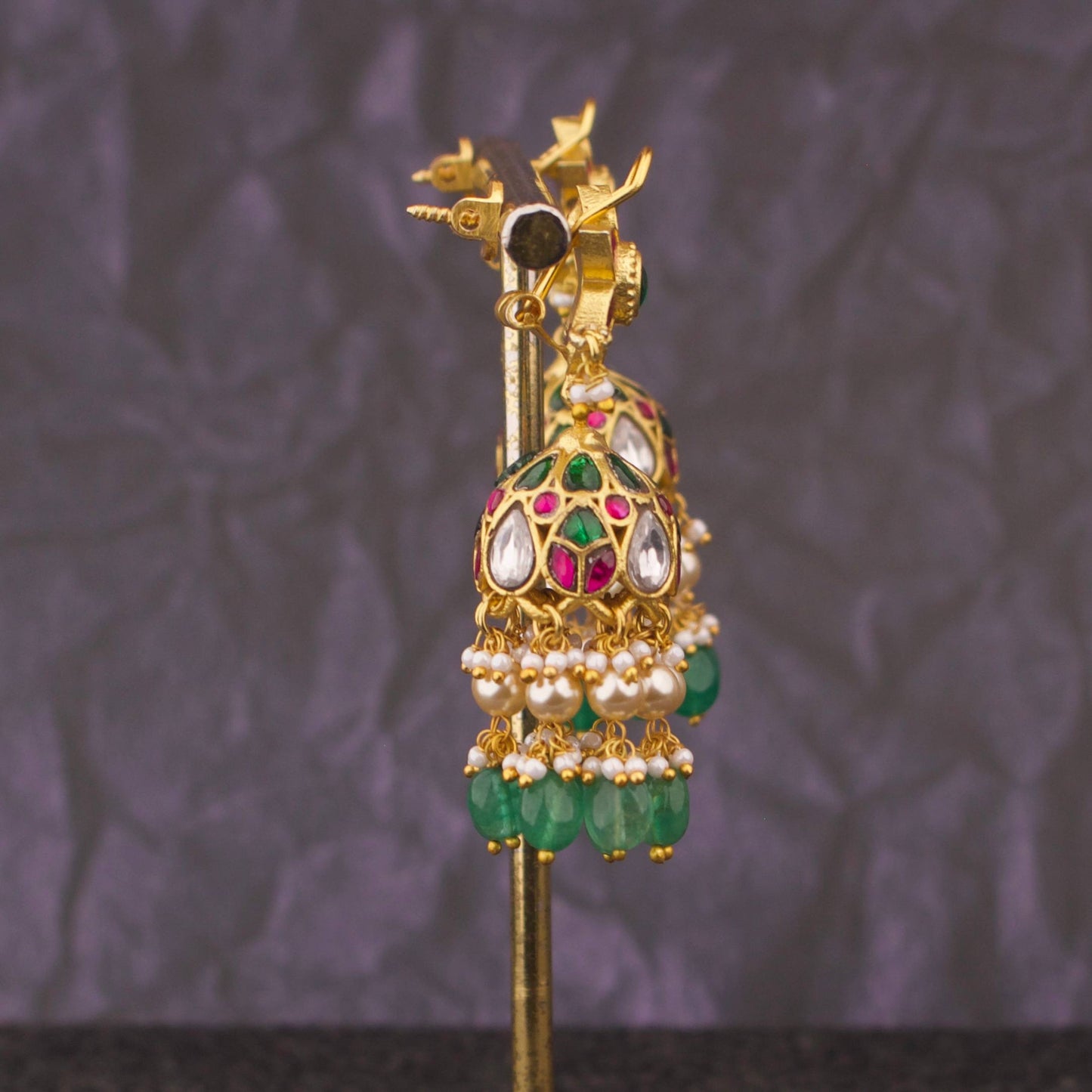 Premium Floral Jadau Kundan Jhumka Earrings With Multi-Layer Pearl Drops - Alternate View 1