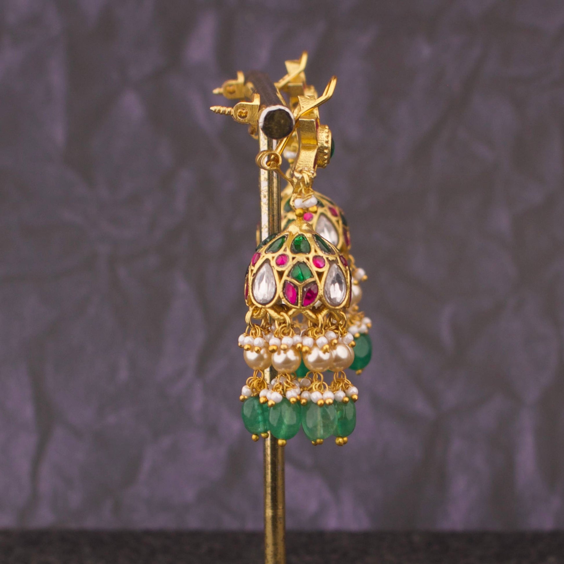 Premium Floral Jadau Kundan Jhumka Earrings With Multi-Layer Pearl Drops - Alternate View 1
