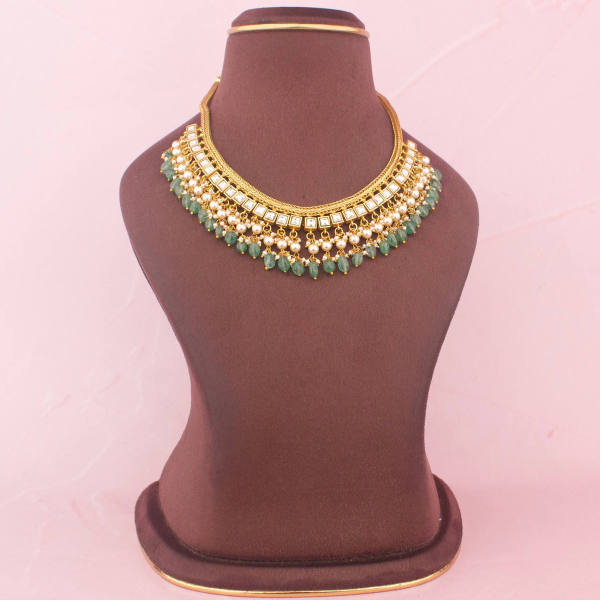 Jadau kundan Jalebi Necklace With Pearls And Green Bead Hangings - Handcrafted Indian Bridal Jewelry by Dulhan Jewels