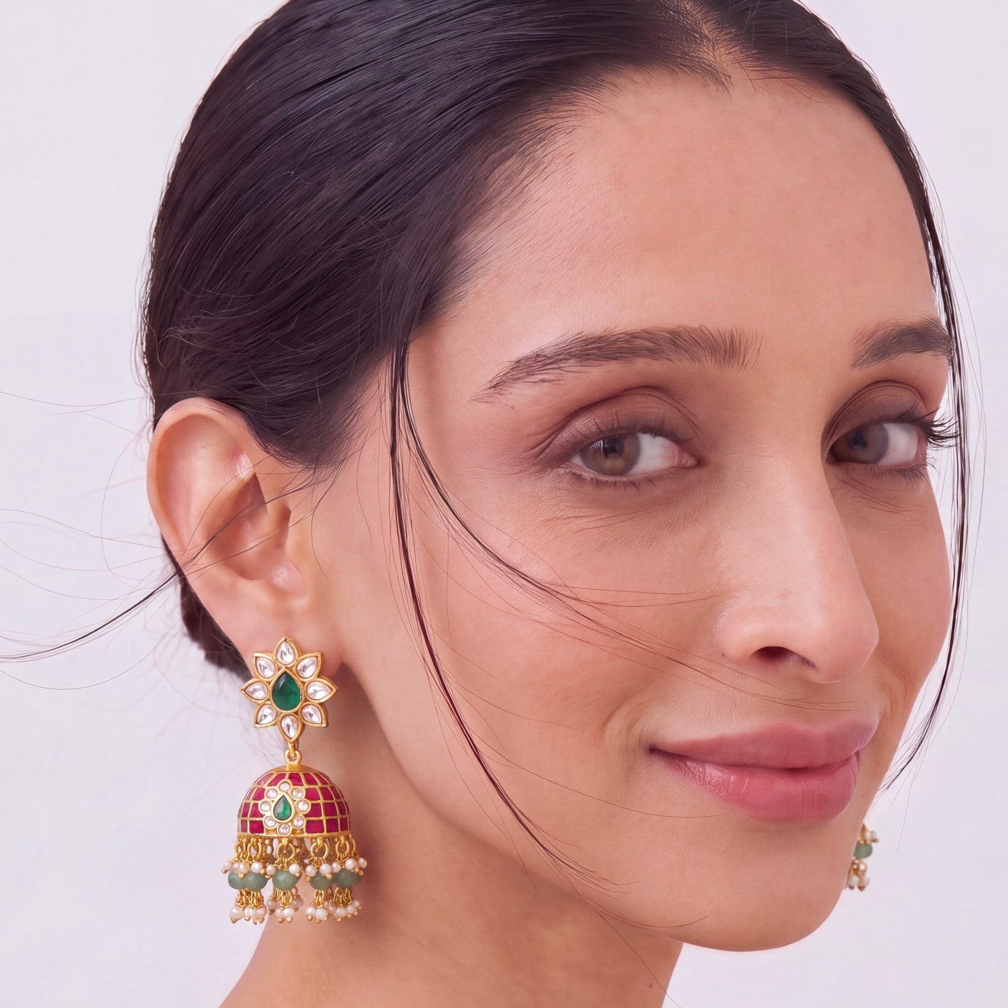 Designer Floral Stud Jadau Kundan Jhumka Earrings With Work And Pearl Drops