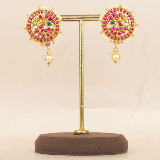 Round Peacock Design Jadau Kundan Stud Earrings