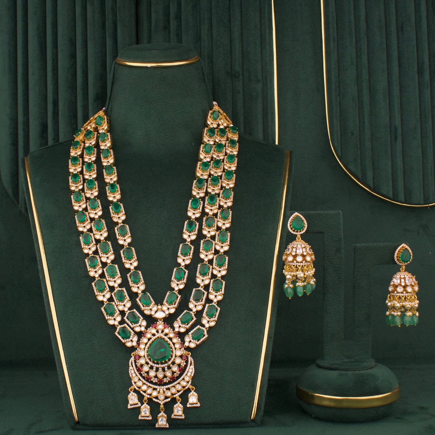 Timeless Emerald Layered Bridal Haar Set With Polki And Jhumka Earrings
