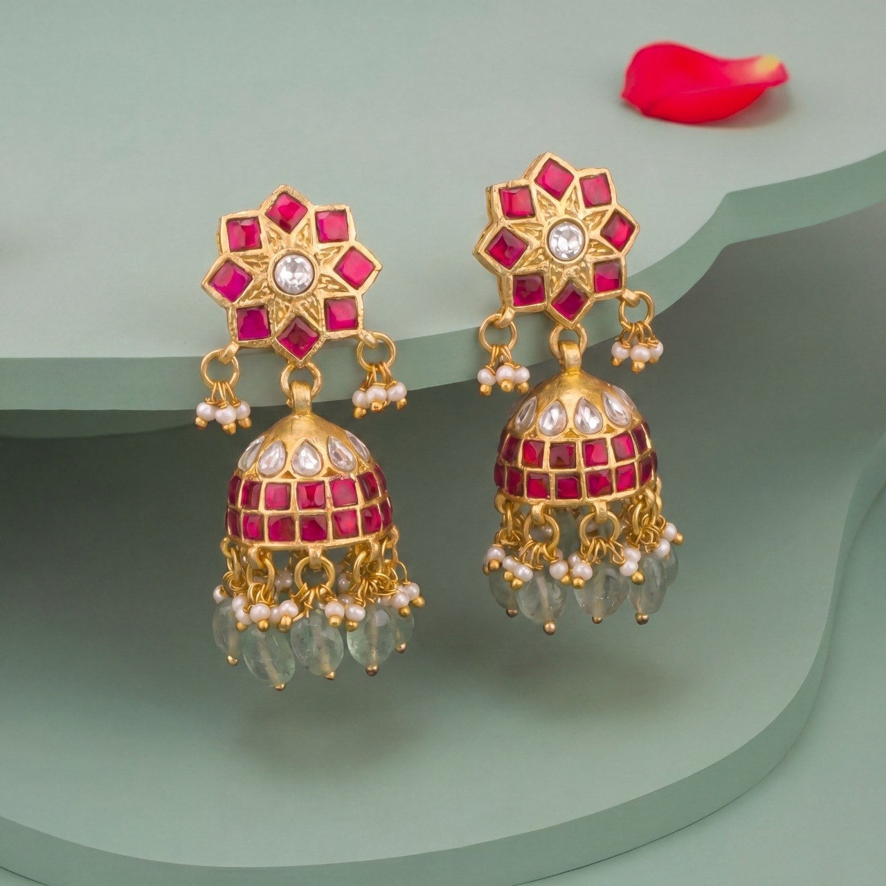 Radiant Floral Studded Jadau Kundan Jhumka Earrings