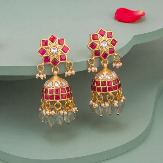 Radiant Floral Studded Jadau Kundan Jhumka Earrings