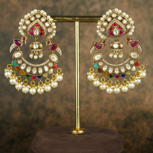 Opulent Navratna Victorian Chandbali Earrings with Polki 