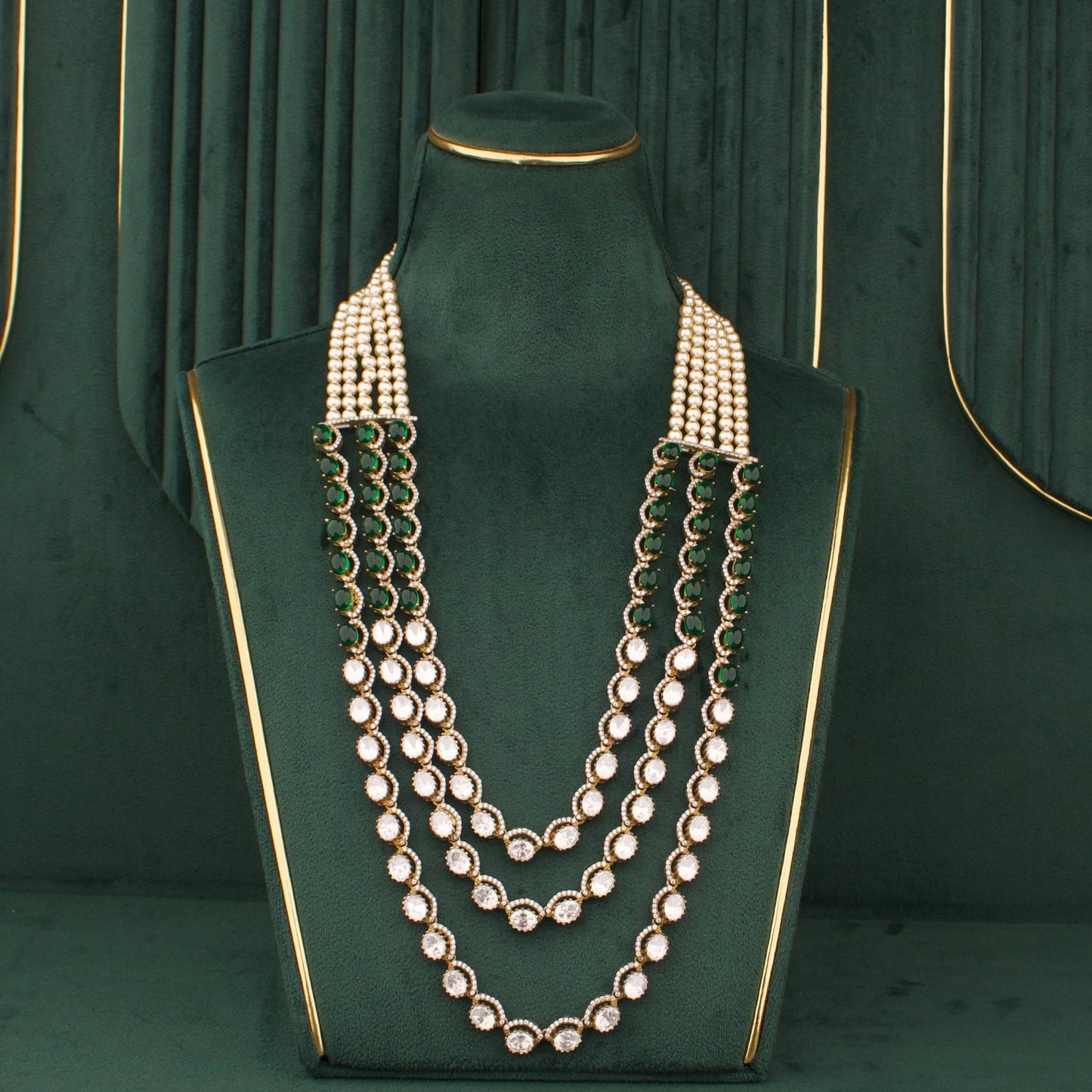 Royal Victorian Emerald Green Multi Layer Necklace Set With Earrings