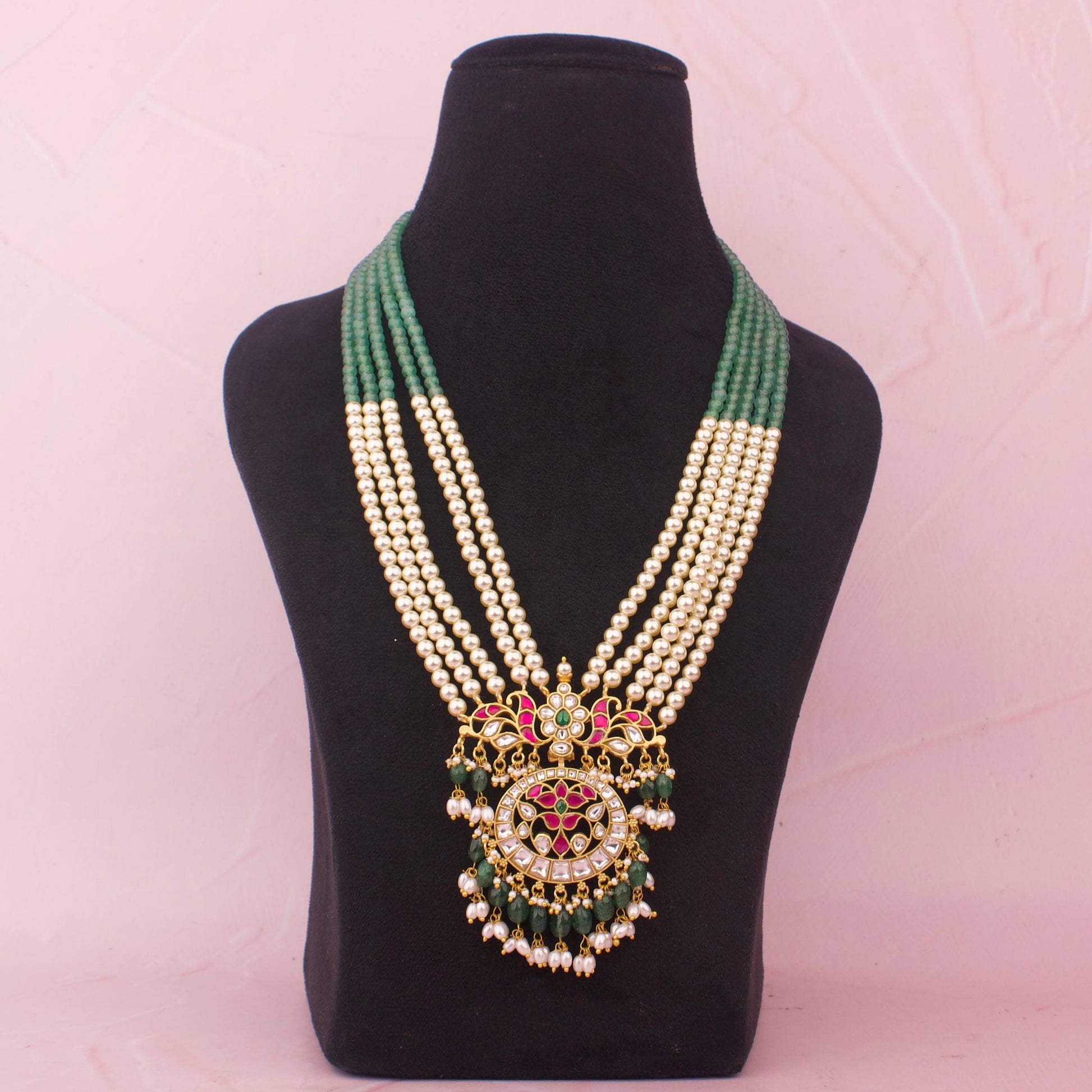 Royal Multi Layer Pearl Jadau Kundan Necklace With Emerald Green Beads
