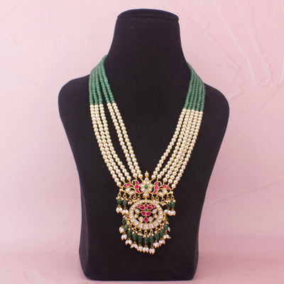 Royal Multi Layer Pearl Jadau Kundan Necklace With Emerald Green Beads