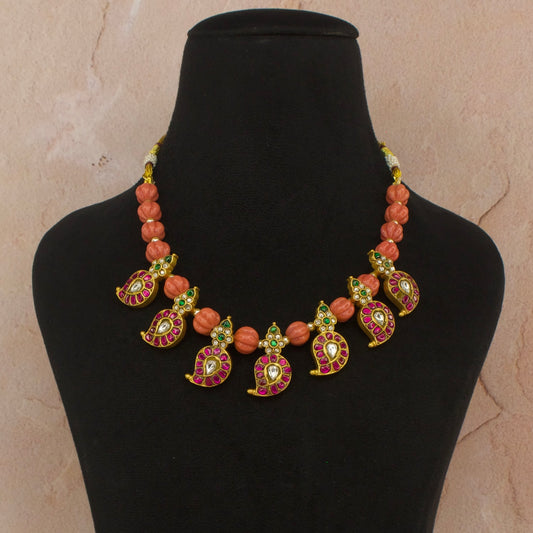 Gold Plated Jadau Kundan Coral Beads Necklace