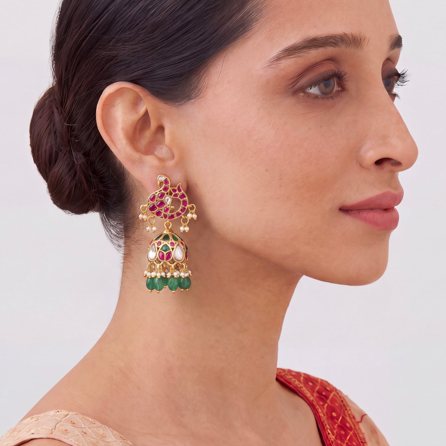 Unique Jadau Kundan Jhumki Earrings With Green Beads Craftsmanship & Detail View - Dulhan Jewels