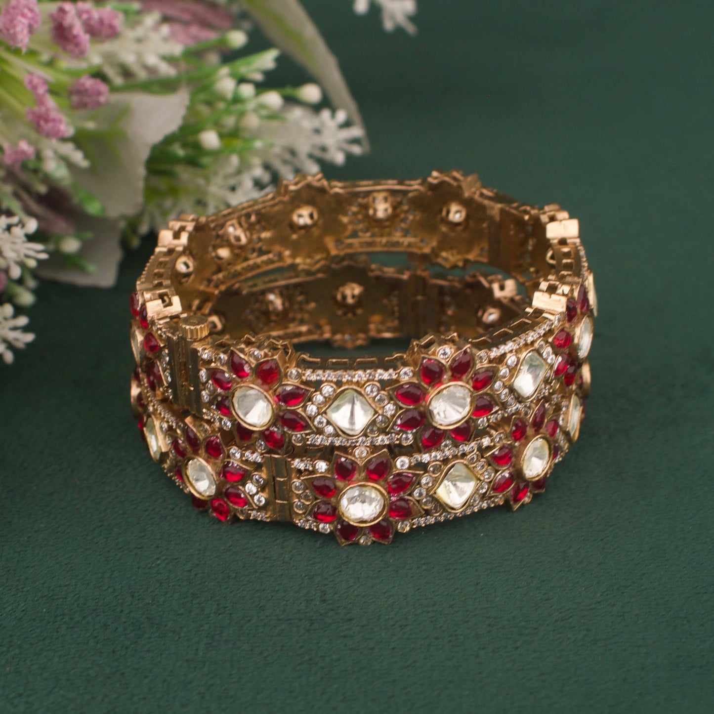 View 5 of Floral Design Fusion Kundan & Polki Mehandi Victorian Bangles - Authentic Bridal Collection | Dulhan Jewels