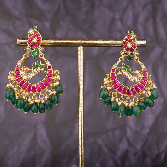 Luxury Jadau Kundan Chandbali Earrings With Intricate Peacock Motif