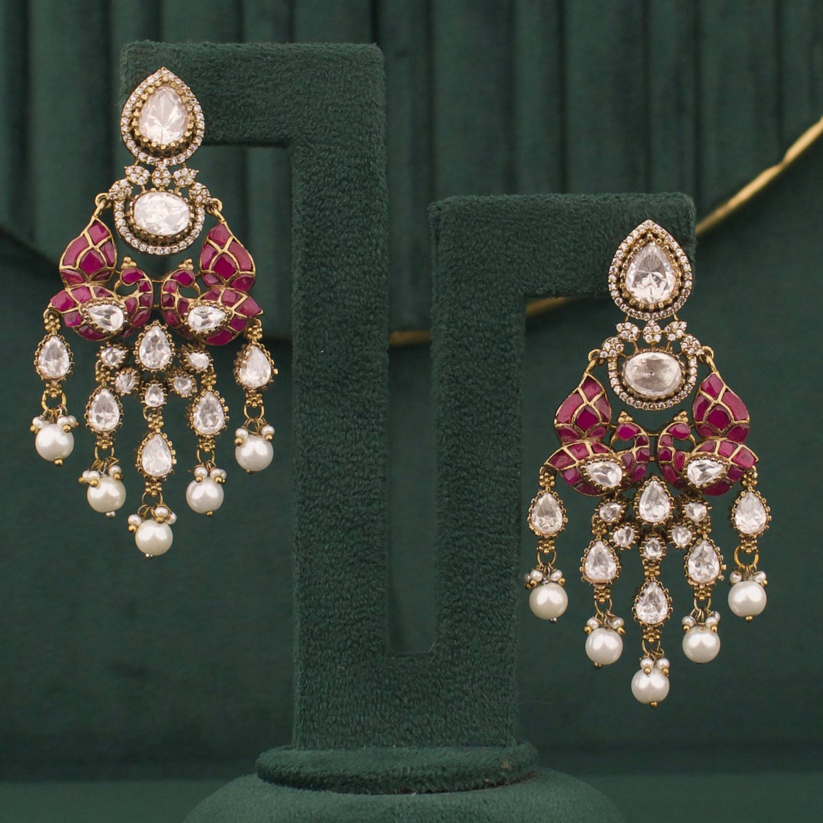 Captivating Polki Mehandi Victorian Chand Bali Earings With Swarovski Pearl