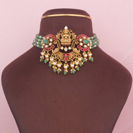Divine Laxmi Kundan Polki Beads Choker With Matching Earrings