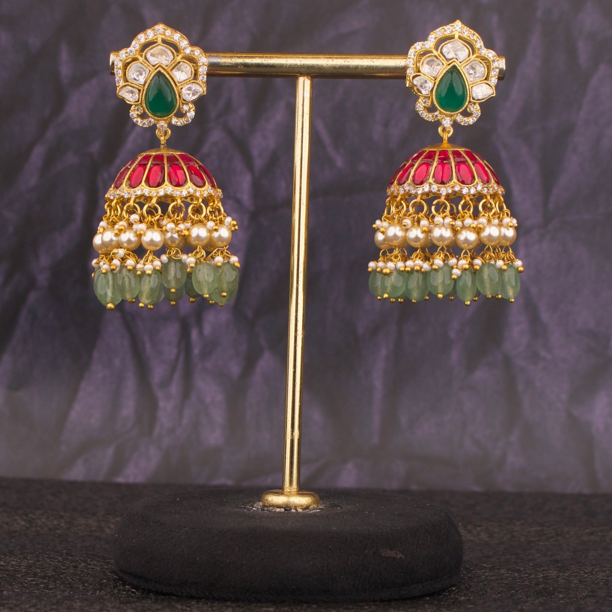 Bridal Gold Style Jadau Kundan Jhumki with Green Beads - DULHAN JEWELS