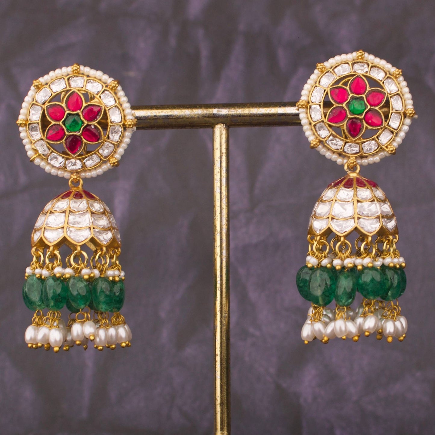 Floral Jadau Kundan Jhumka Earrings with Green Beads
