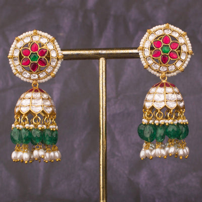 Floral Jadau Kundan Jhumka Earrings with Green Beads