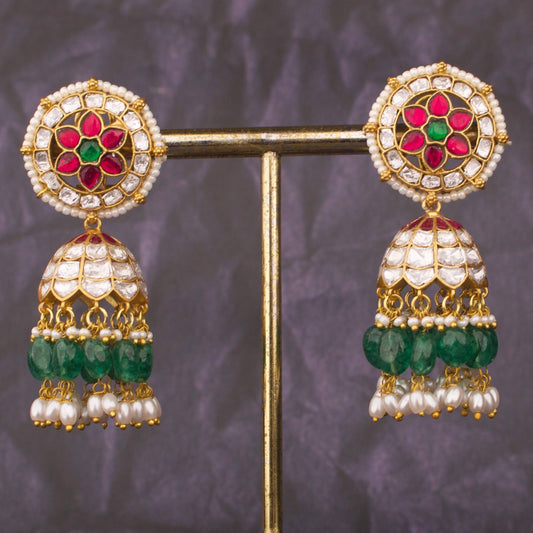 Floral Jadau Kundan Jhumka Earrings with Green Beads