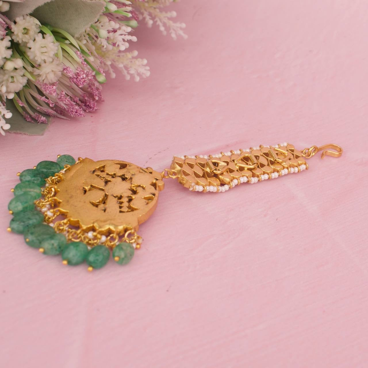 Bridal Jadau Kundan Maangtika With Strawberry Beads As Hangings