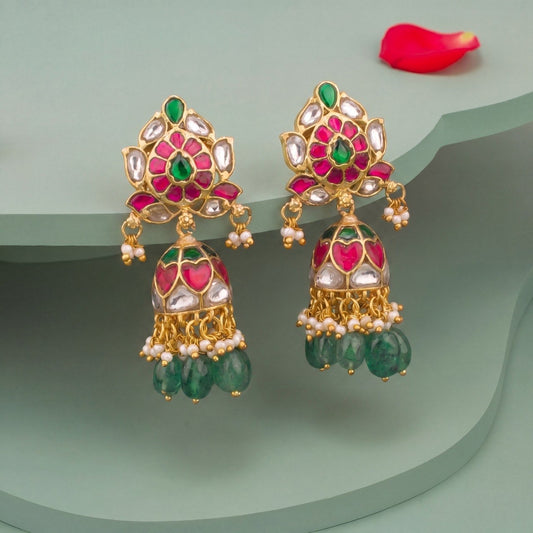 Lotus Design Jadau Kundan Jhumka Earrings With Green Hangings
