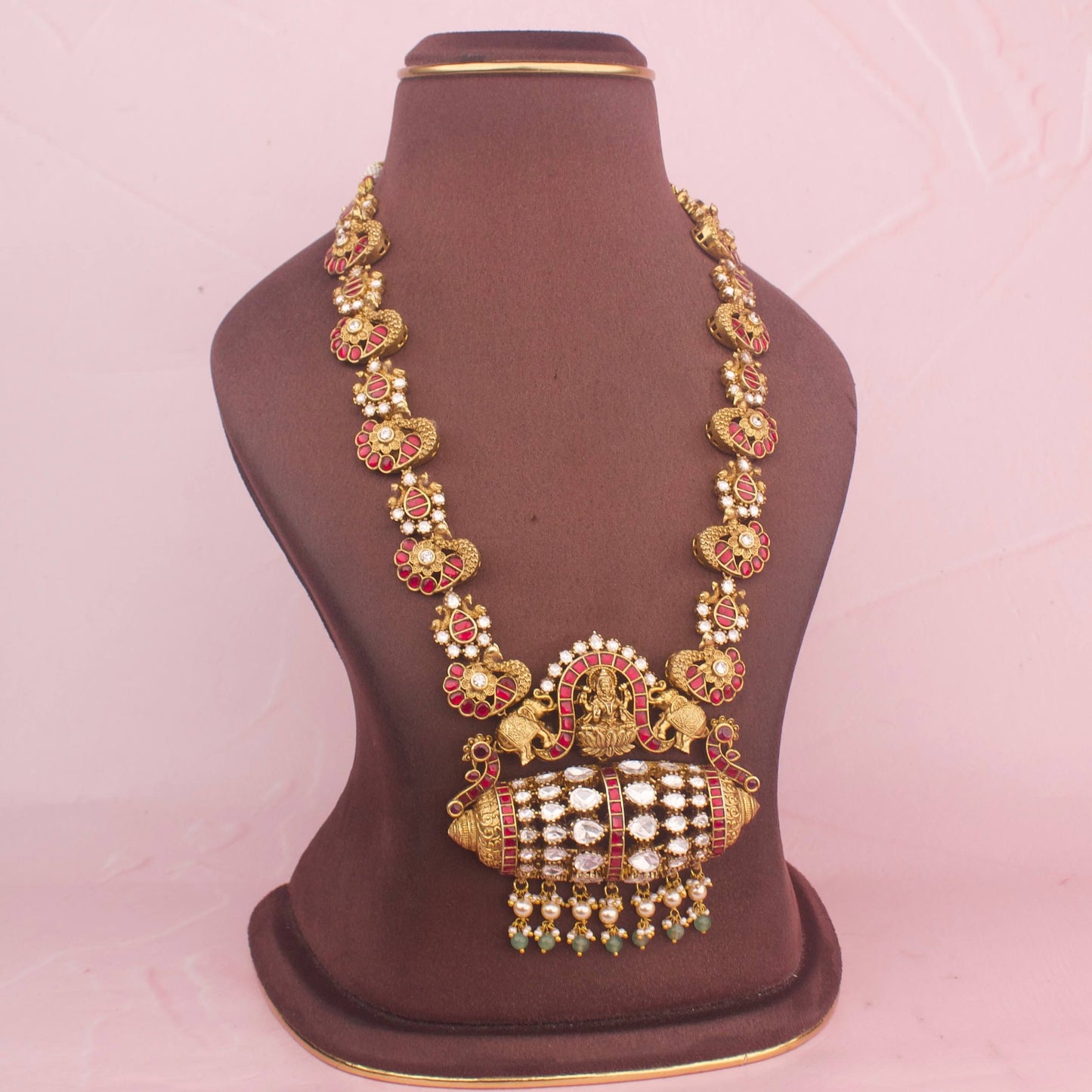 View 8 of Timeless Divine Laksmi Devi and Elephant Design Jadau Kundan Short Necklace Antique Necklace - Authentic Bridal Collection | Dulhan Jewels