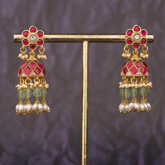 Designer Jadau Kundan Jhumka with Pearl and Beads Detailing