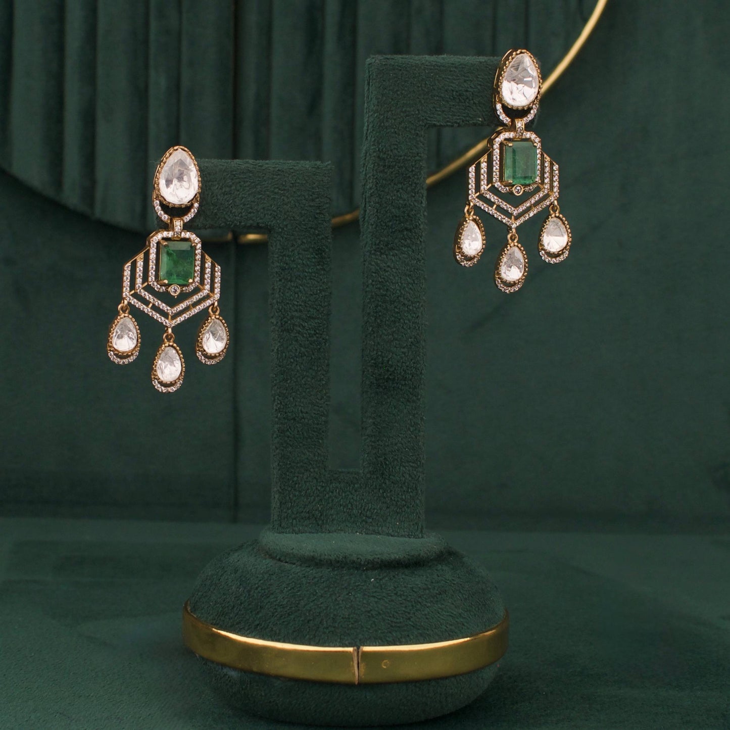 Victorian Emerald Polki Statement Choker Necklace Set With Drop Earrings