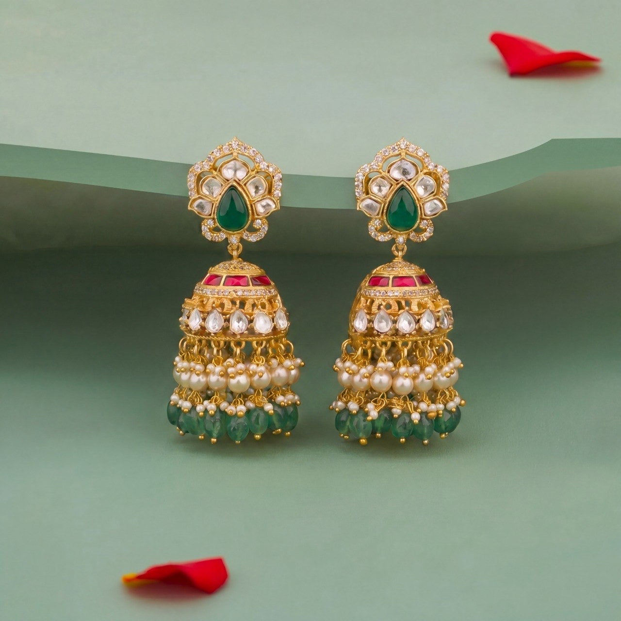 Designer Polki Kundan Jhumka Earrings With Pearl And Beads Hanging