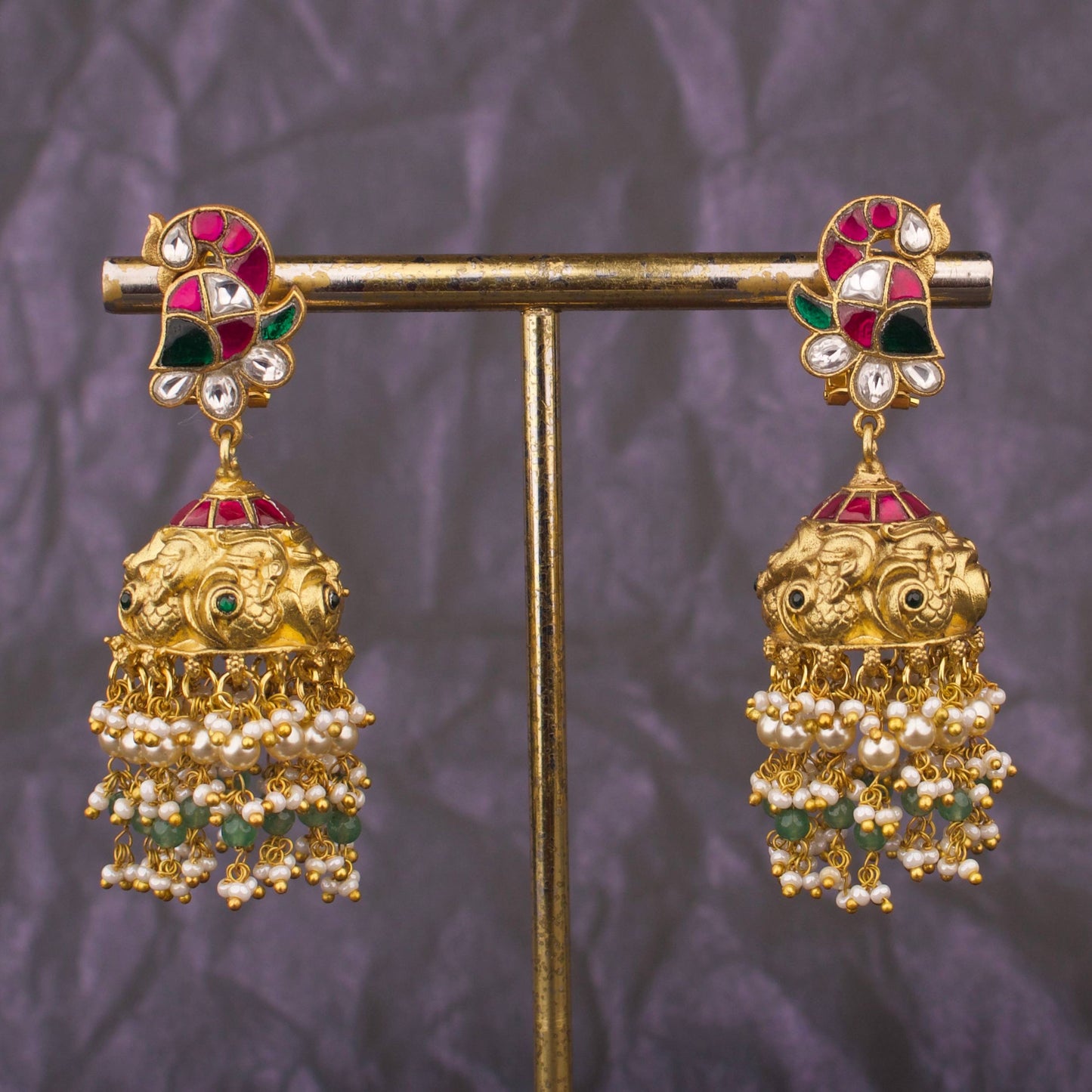 Temple Peacock Motif Antique Gold Jhumka Earrings With Jadau Kundan Stud And Pearl Drops