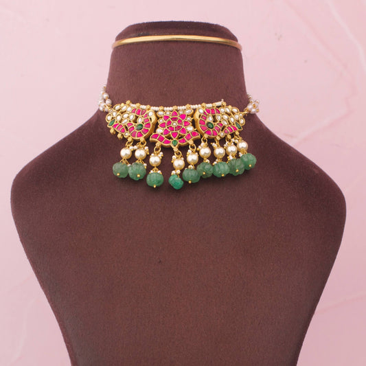 Jadau Kundan Flower Choker With Beaded Drops