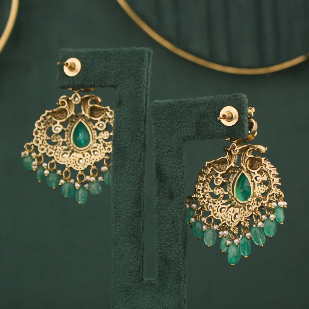 Luxury Victorian Polki Necklace Set With Peacock Motifs And Matching Earrings Styling Angle View 5 - Dulhan Jewels