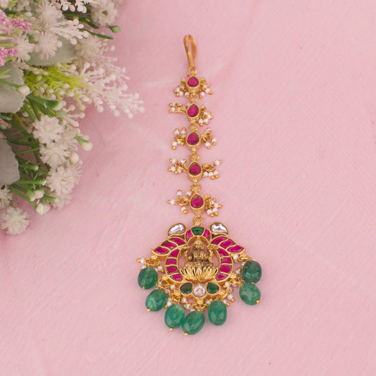 Royal Goddess Lakshmi Jadau Kundan Maang Tikka With Green Drops