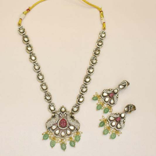 Peacock Victorian Zircon Necklace Set with earrings. This Victorian Jewellery is available in Red,Green & Purple colour variants. 