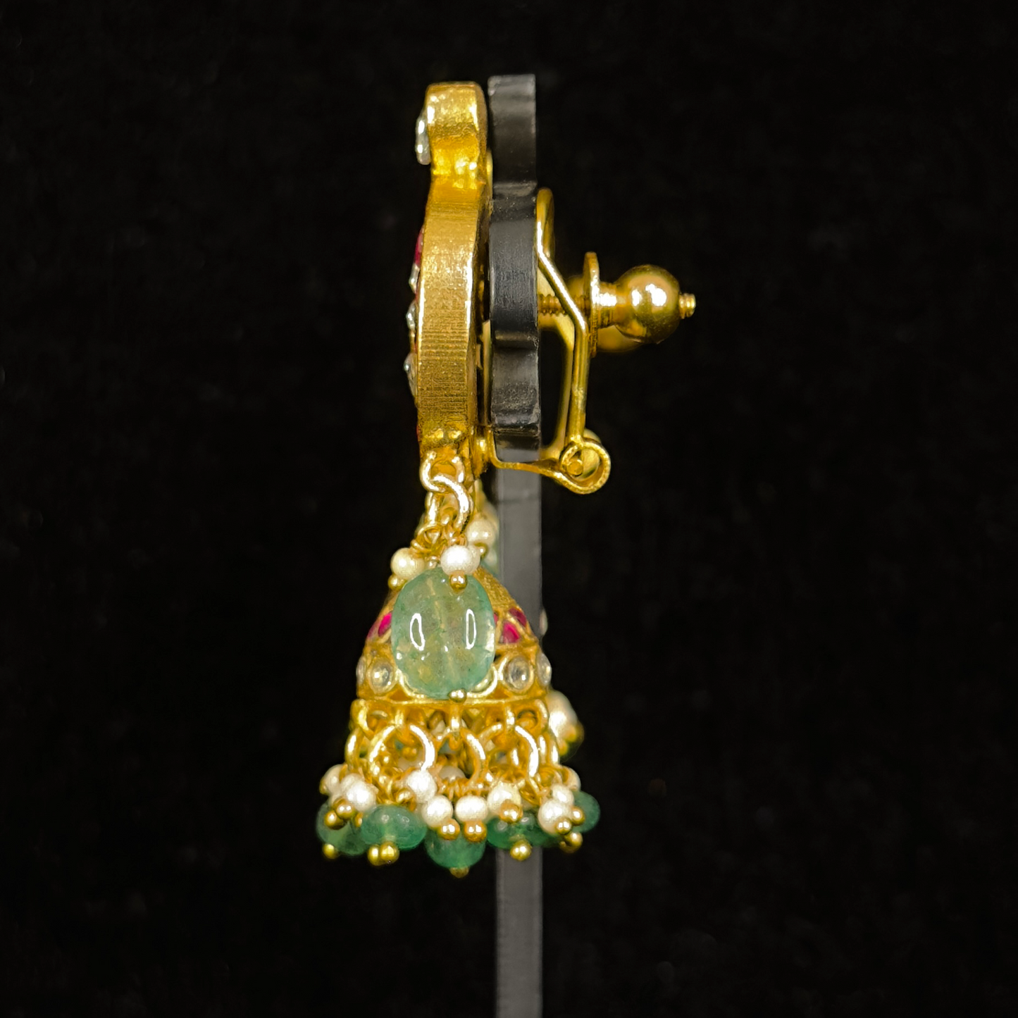 Radiant Ruby and Emerald Jadau Kundan Jhumka