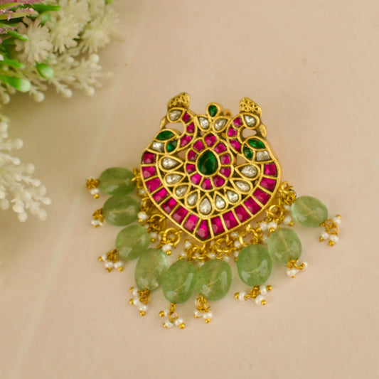 Glorious Peacock Design Jadau Kundan Locket with Green Beads